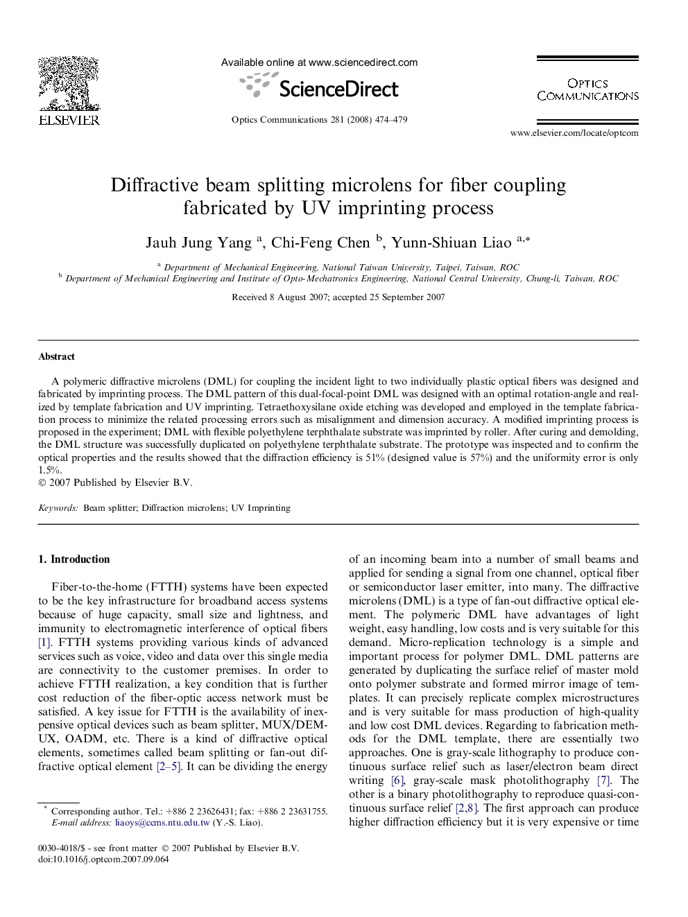 Diffractive beam splitting microlens for fiber coupling fabricated by UV imprinting process