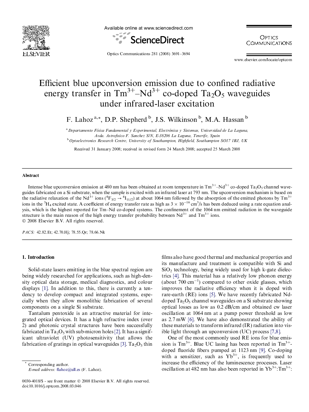 Efficient blue upconversion emission due to confined radiative energy transfer in Tm3+–Nd3+ co-doped Ta2O5 waveguides under infrared-laser excitation