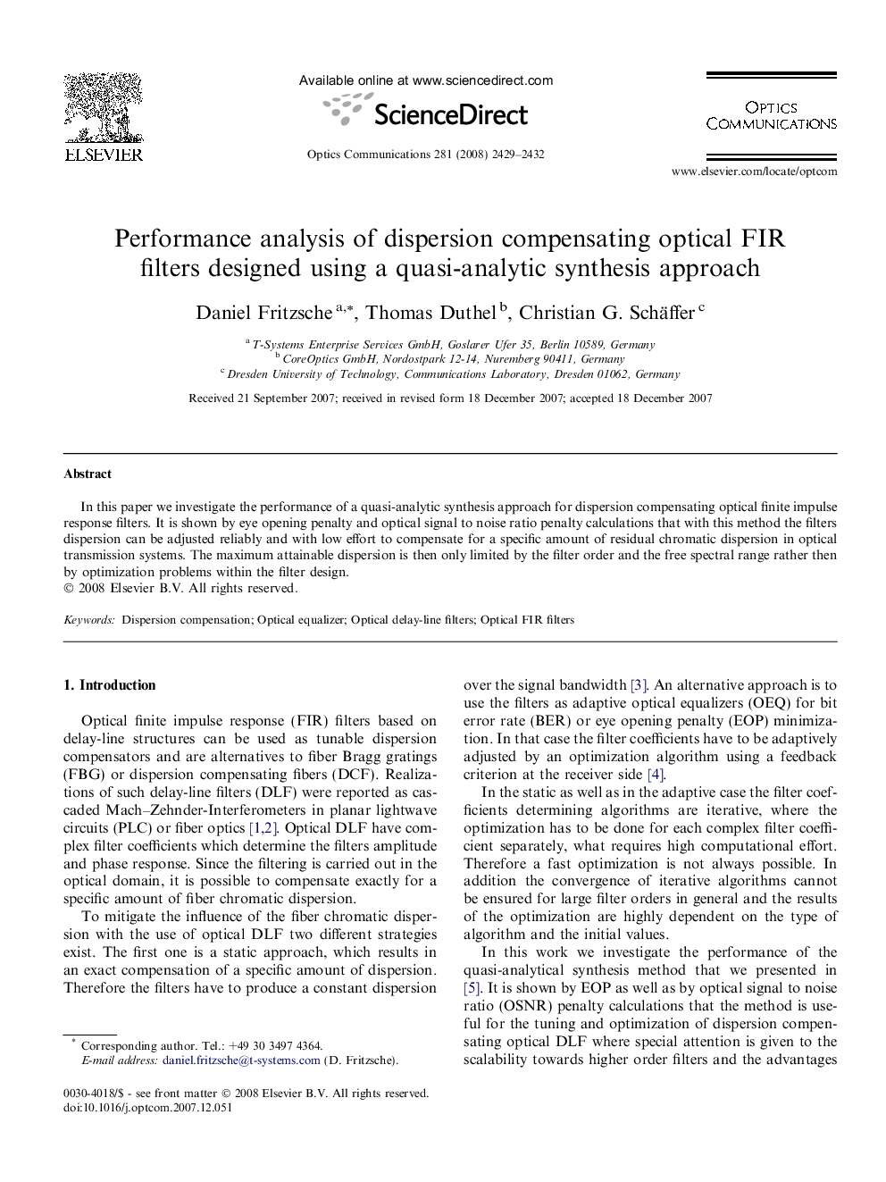 Performance analysis of dispersion compensating optical FIR filters designed using a quasi-analytic synthesis approach