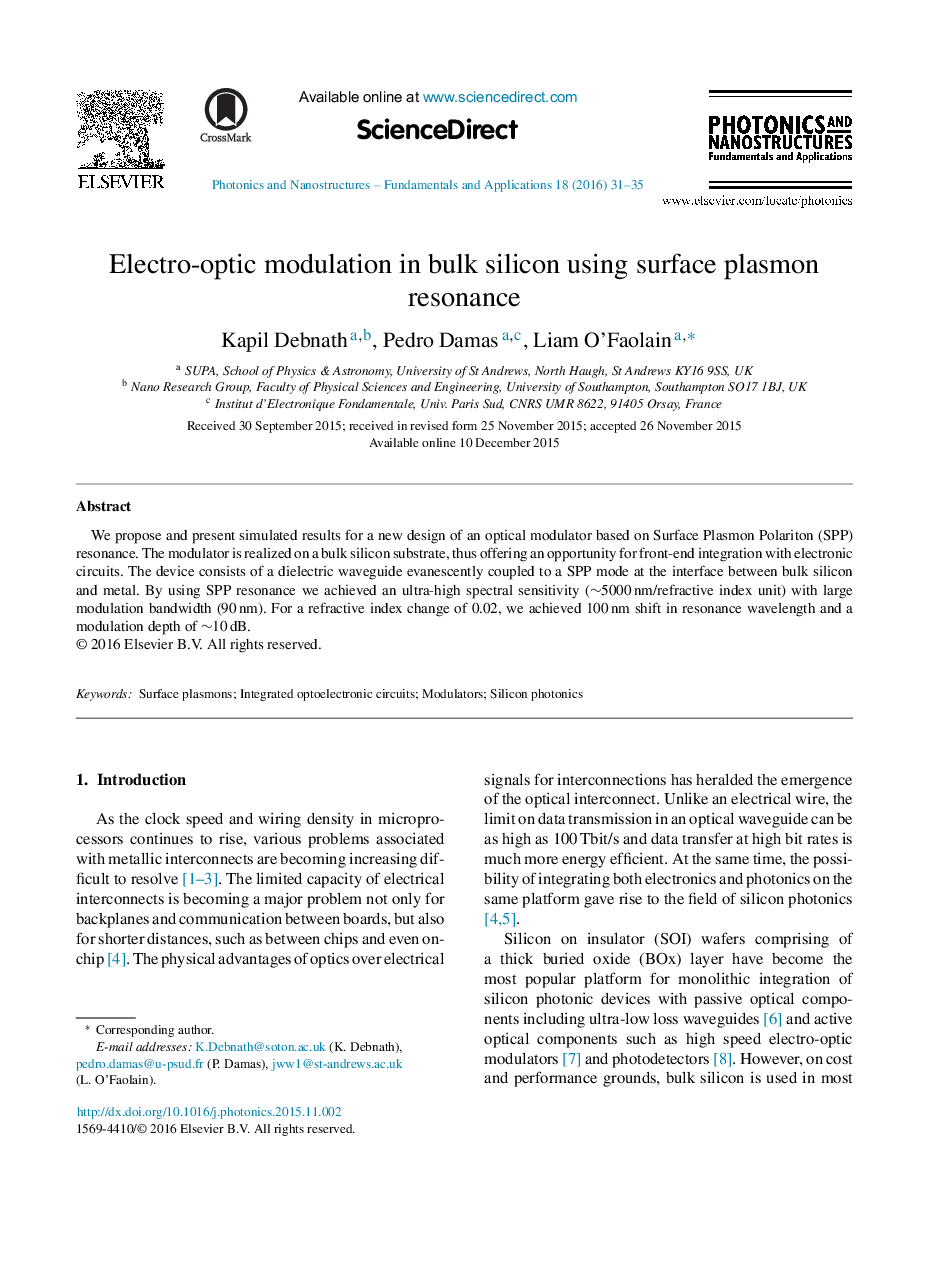 مدولاسیون الکتروتوضی در سیلیکون فله با استفاده از رزونانس پلاسما سطح 