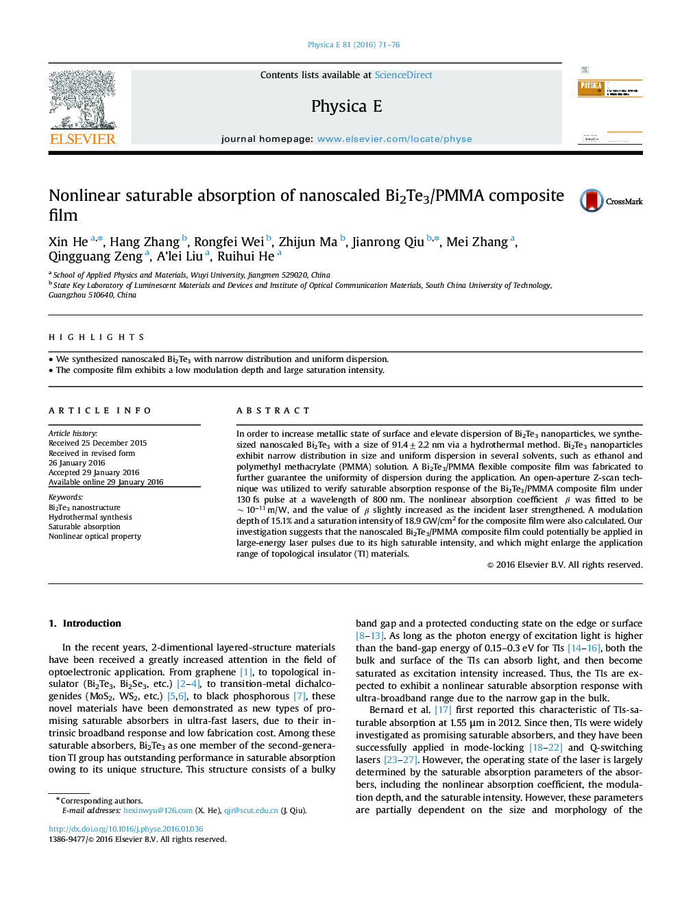 Nonlinear saturable absorption of nanoscaled Bi2Te3/PMMA composite film