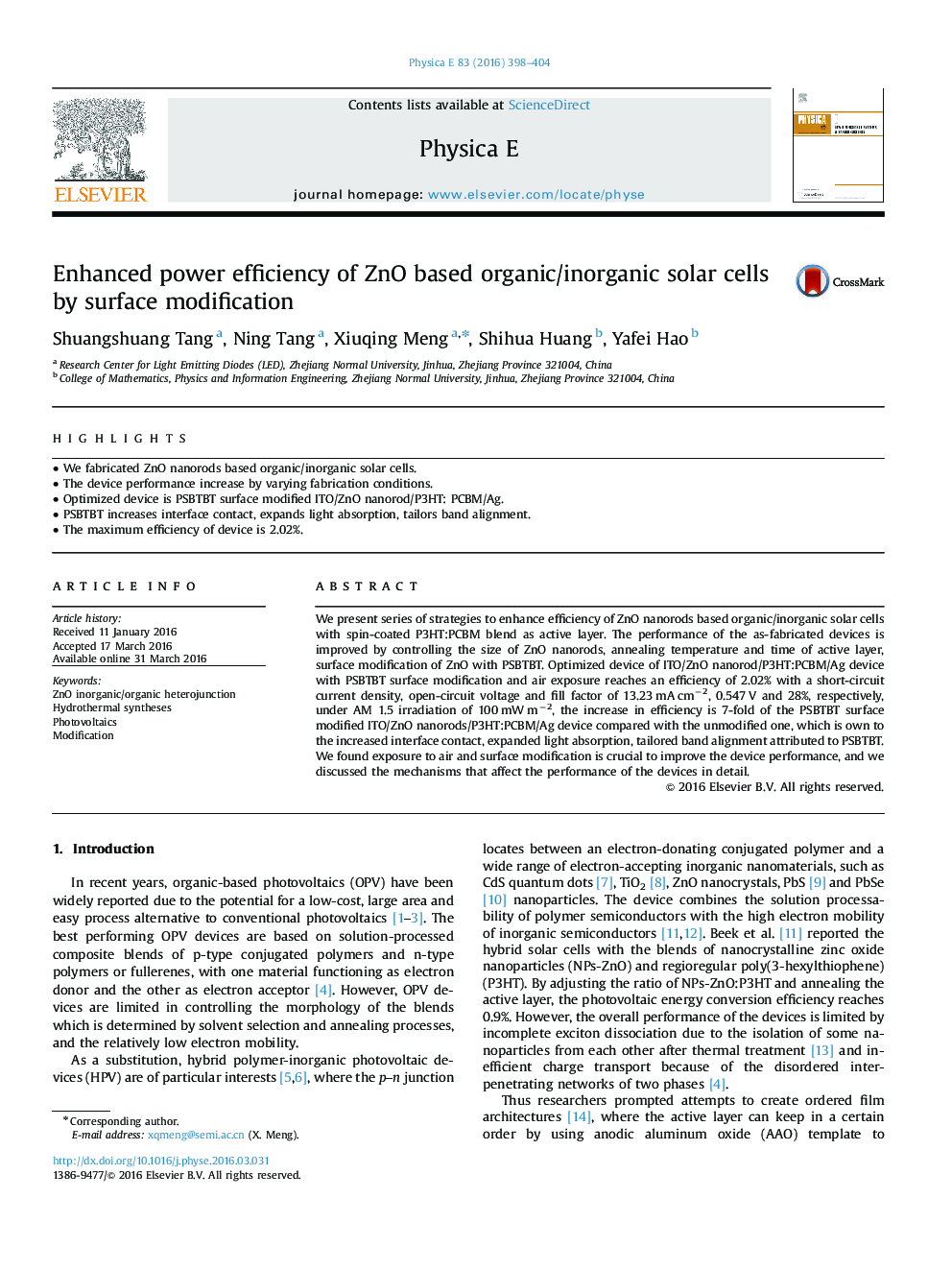 Enhanced power efficiency of ZnO based organic/inorganic solar cells by surface modification