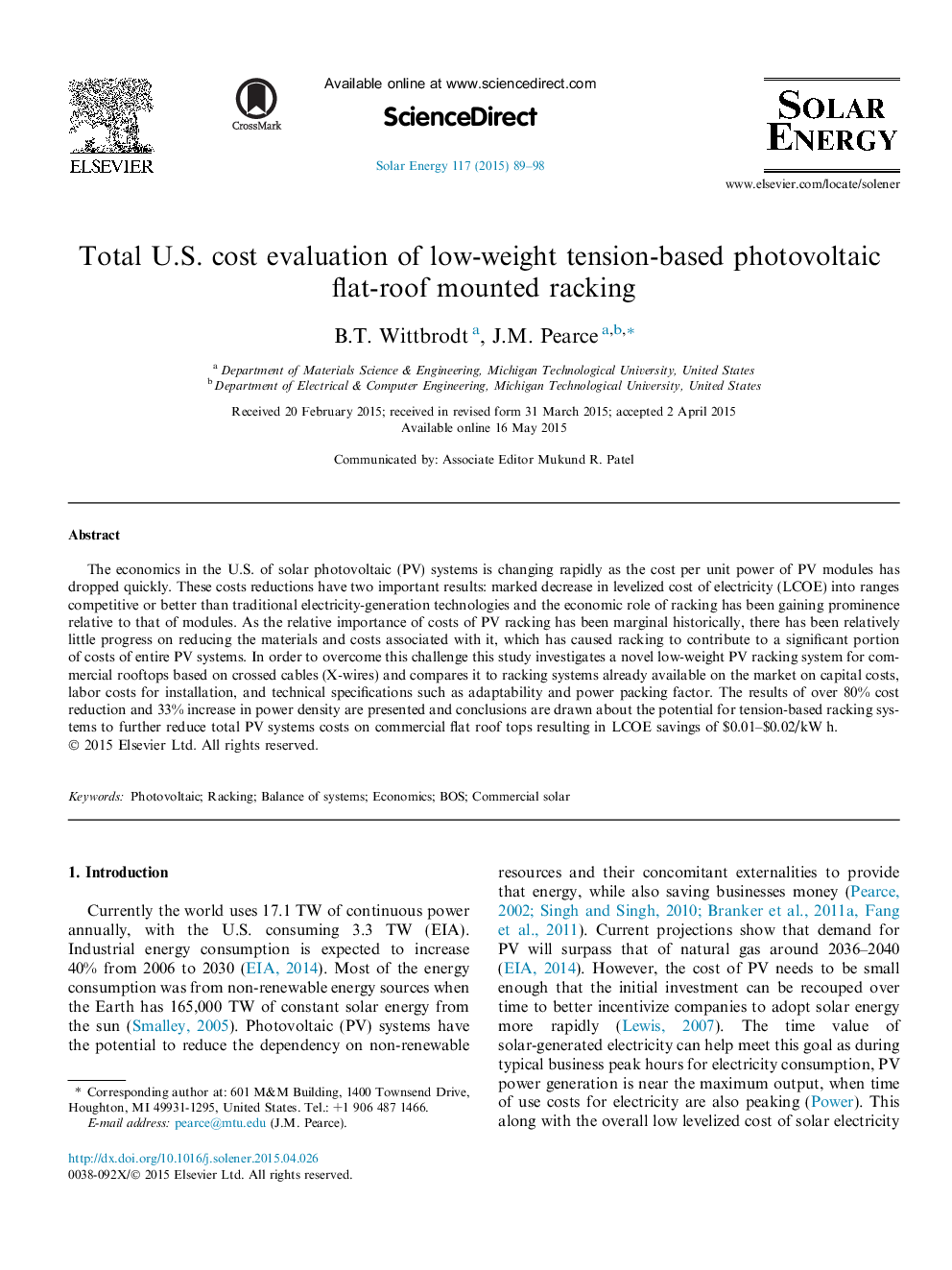 Total U.S. cost evaluation of low-weight tension-based photovoltaic flat-roof mounted racking