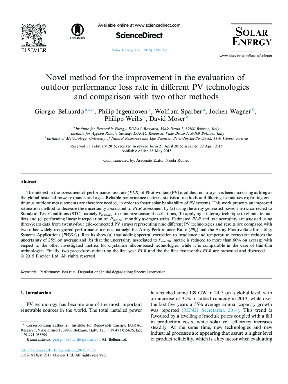 Novel method for the improvement in the evaluation of outdoor performance loss rate in different PV technologies and comparison with two other methods