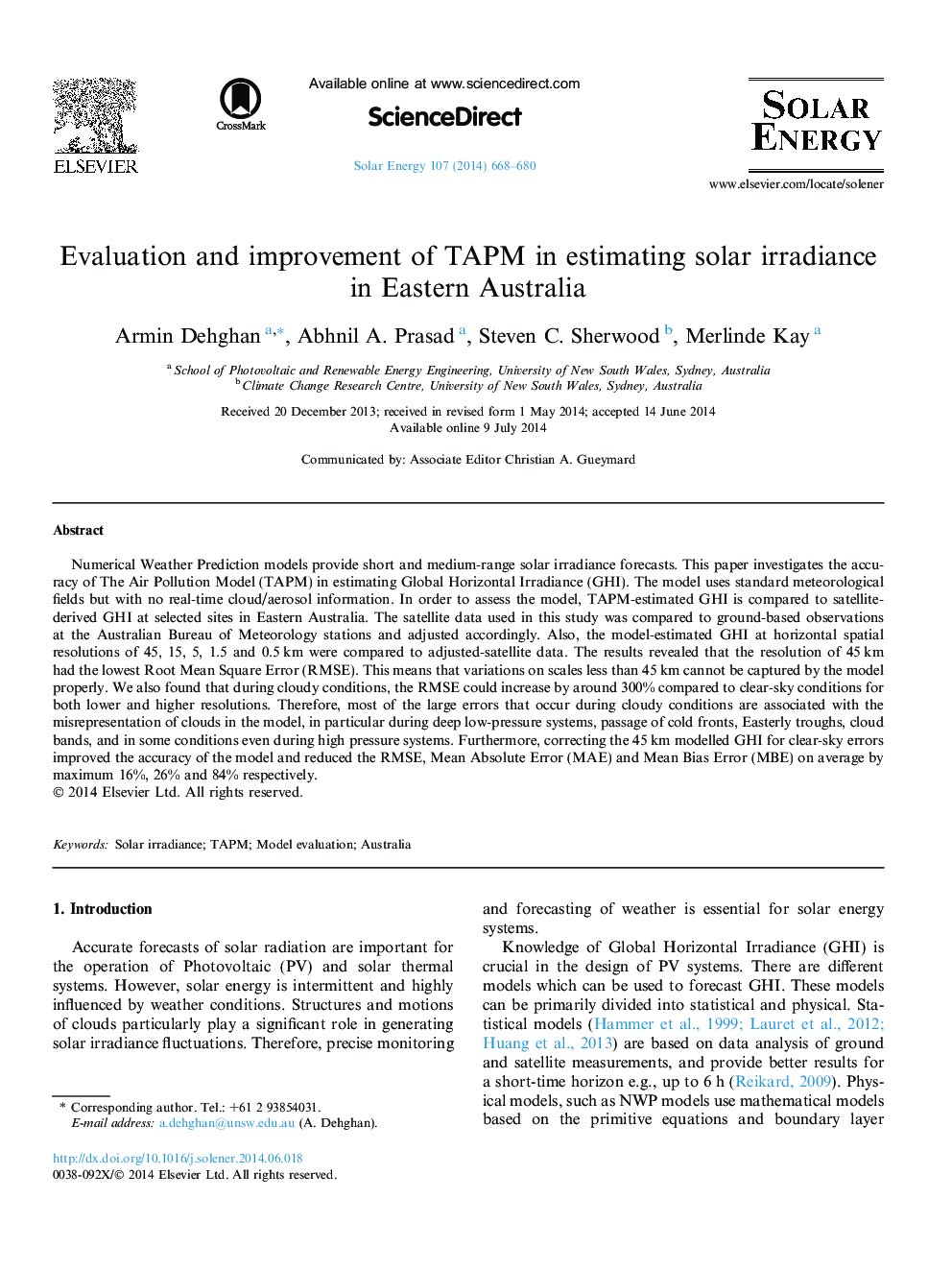 Evaluation and improvement of TAPM in estimating solar irradiance in Eastern Australia