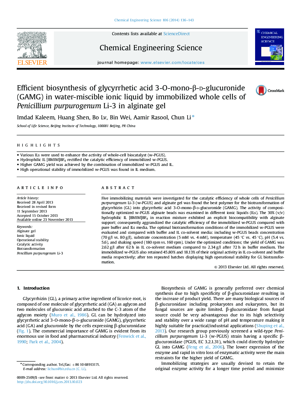 Efficient biosynthesis of glycyrrhetic acid 3-O-mono-β-d-glucuronide (GAMG) in water-miscible ionic liquid by immobilized whole cells of Penicillium purpurogenum Li-3 in alginate gel