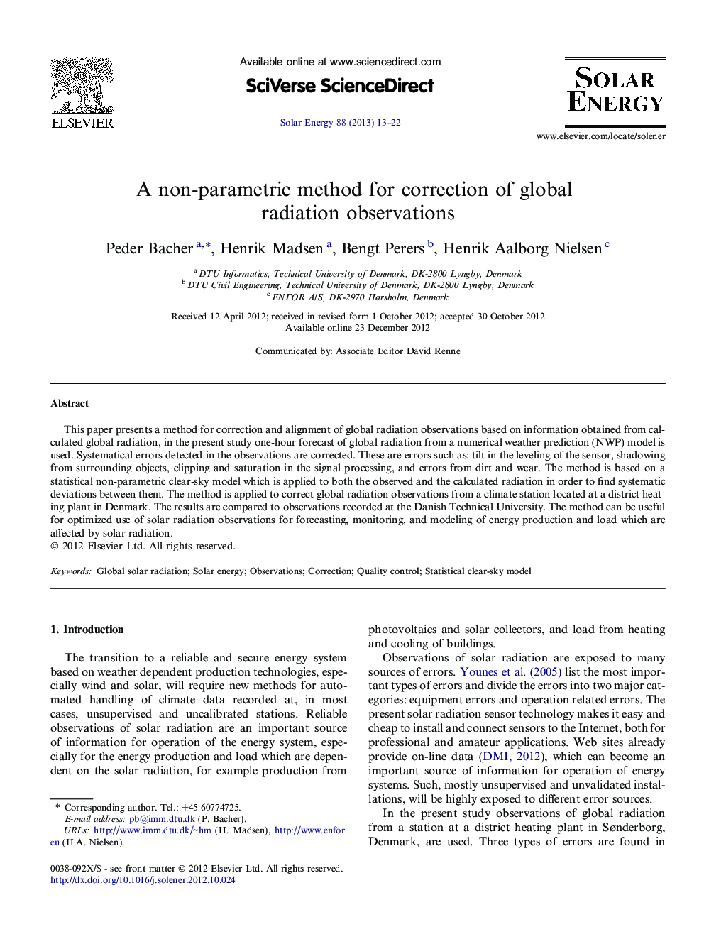 A non-parametric method for correction of global radiation observations