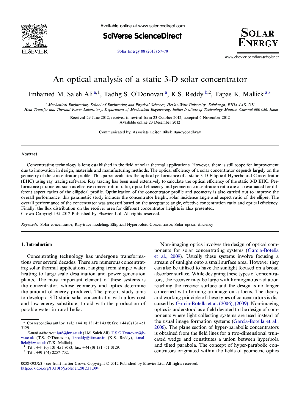 An optical analysis of a static 3-D solar concentrator