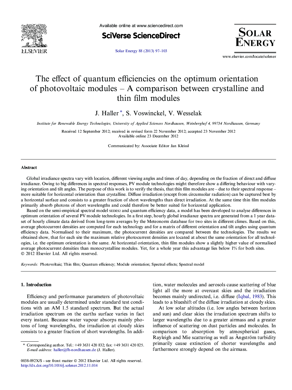 The effect of quantum efficiencies on the optimum orientation of photovoltaic modules – A comparison between crystalline and thin film modules