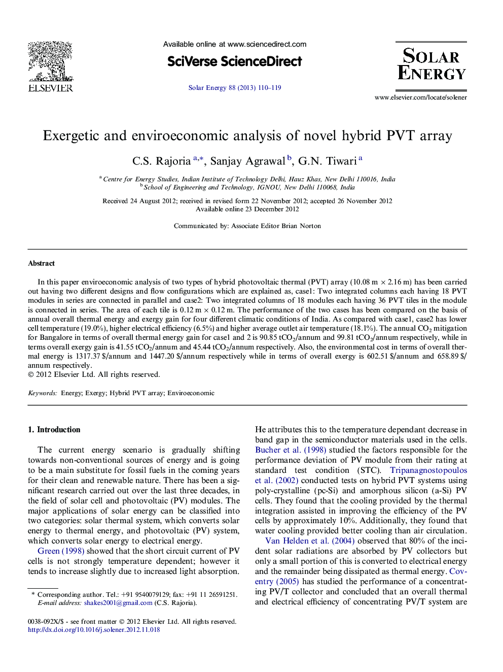 Exergetic and enviroeconomic analysis of novel hybrid PVT array