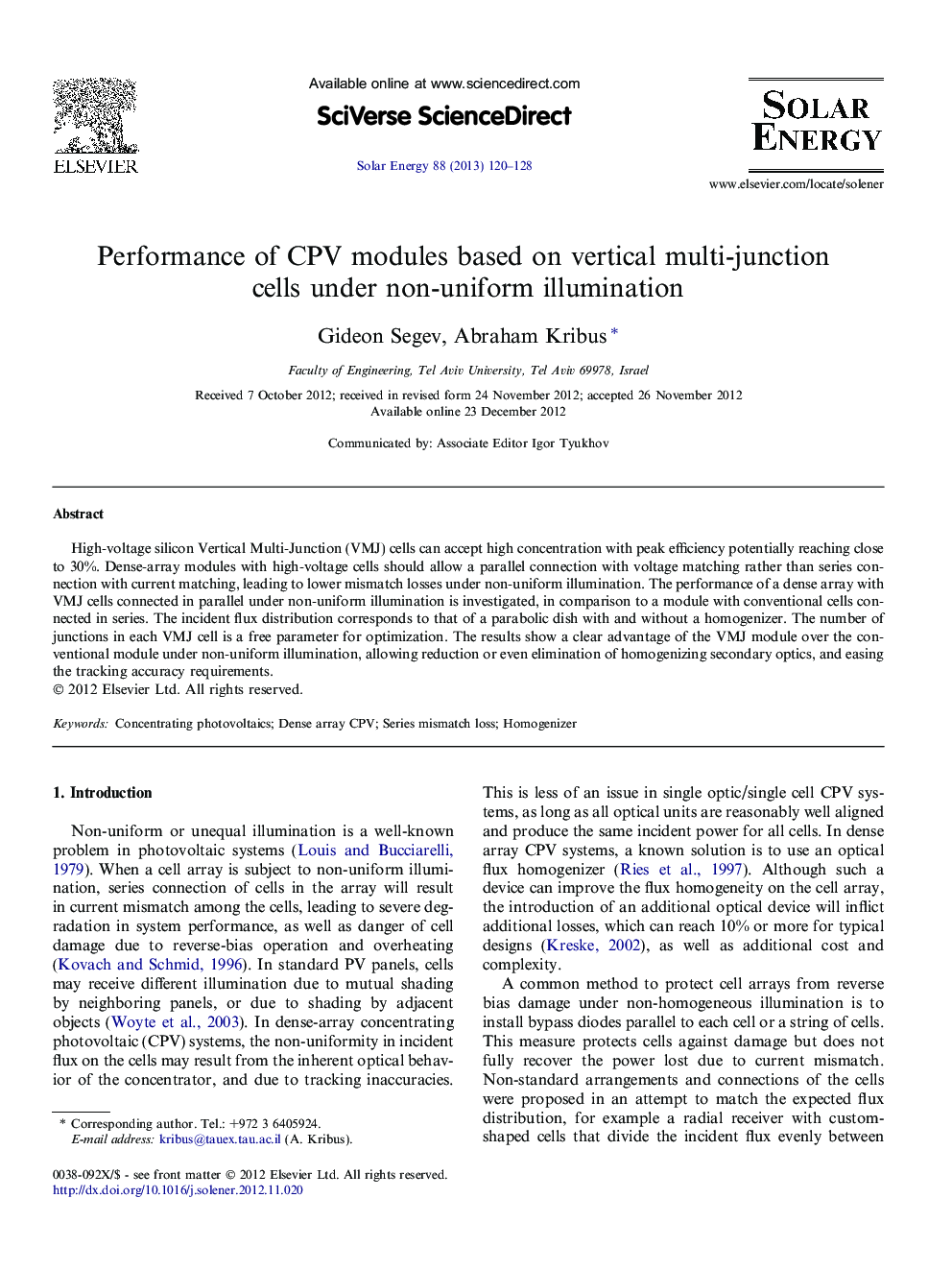 Performance of CPV modules based on vertical multi-junction cells under non-uniform illumination