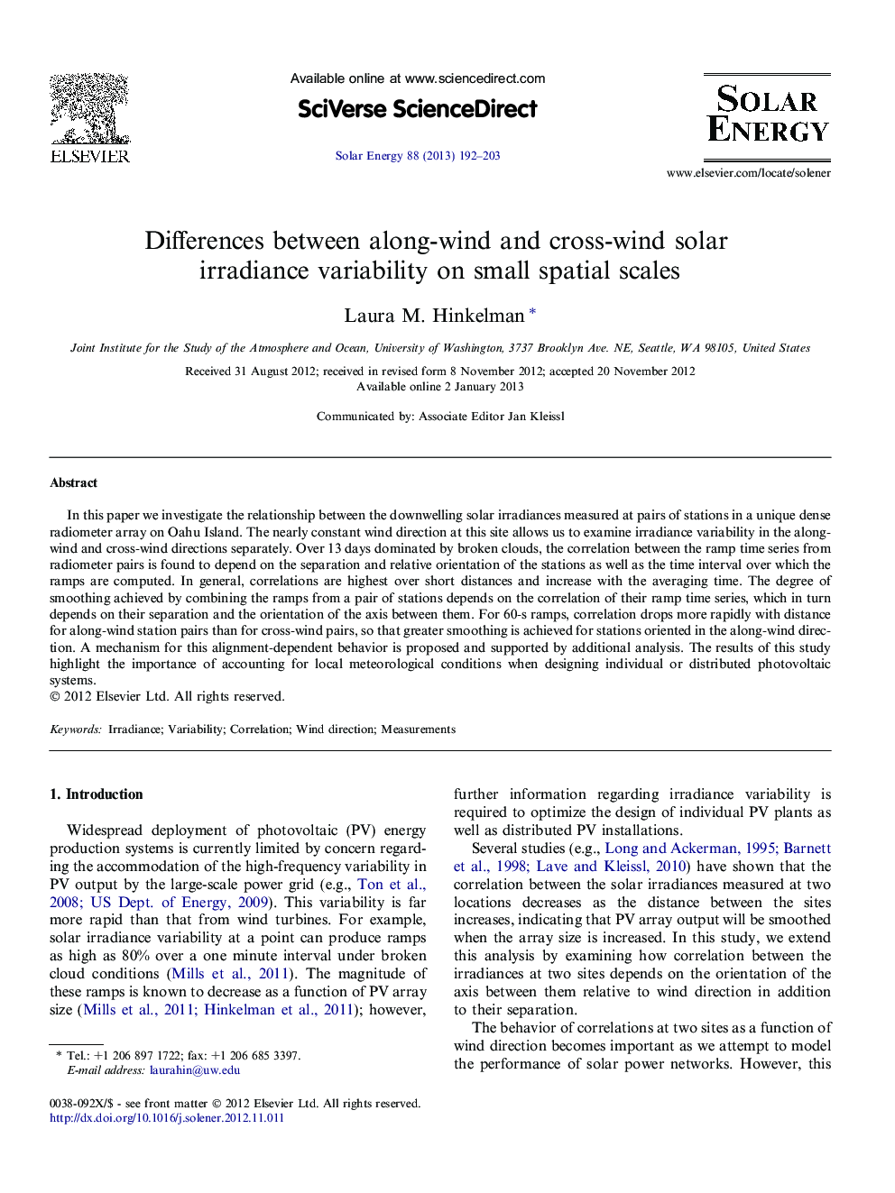 Differences between along-wind and cross-wind solar irradiance variability on small spatial scales