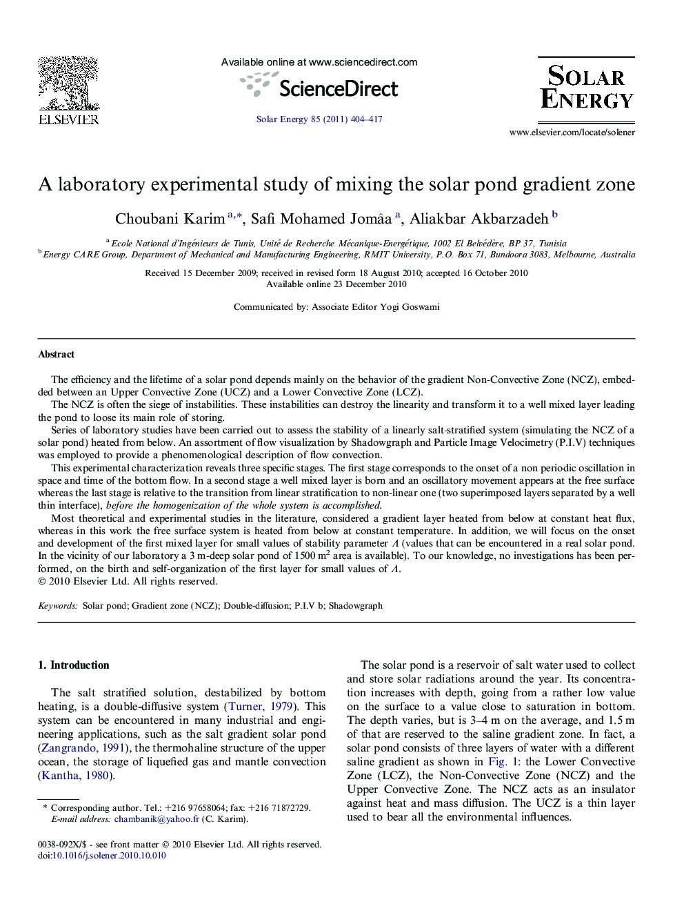 A laboratory experimental study of mixing the solar pond gradient zone