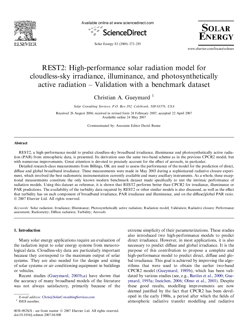 REST2: High-performance solar radiation model for cloudless-sky irradiance, illuminance, and photosynthetically active radiation – Validation with a benchmark dataset