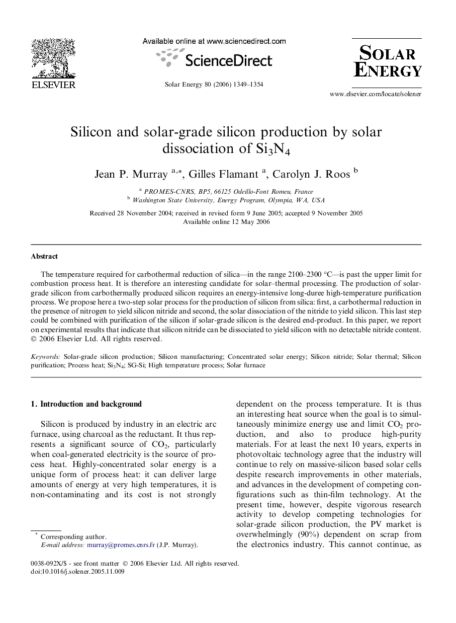 Silicon and solar-grade silicon production by solar dissociation of Si3N4