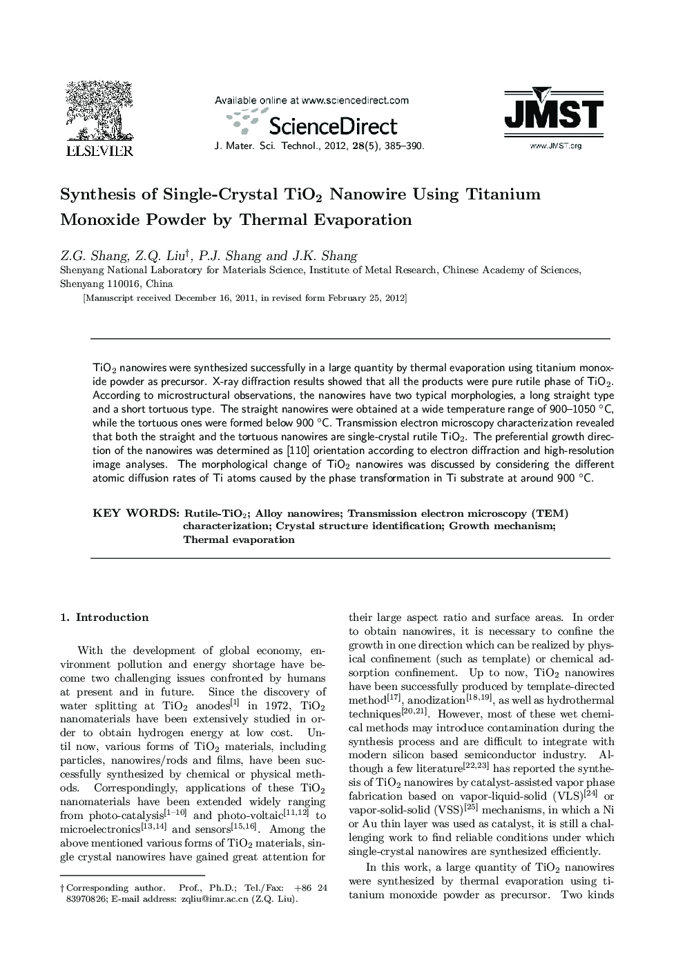 Synthesis of Single-Crystal TiO2 Nanowire Using Titanium Monoxide Powder by Thermal Evaporation