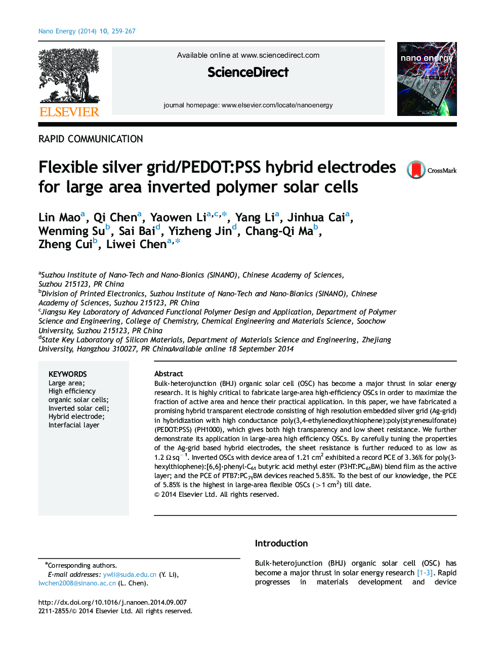 Flexible silver grid/PEDOT:PSS hybrid electrodes for large area inverted polymer solar cells