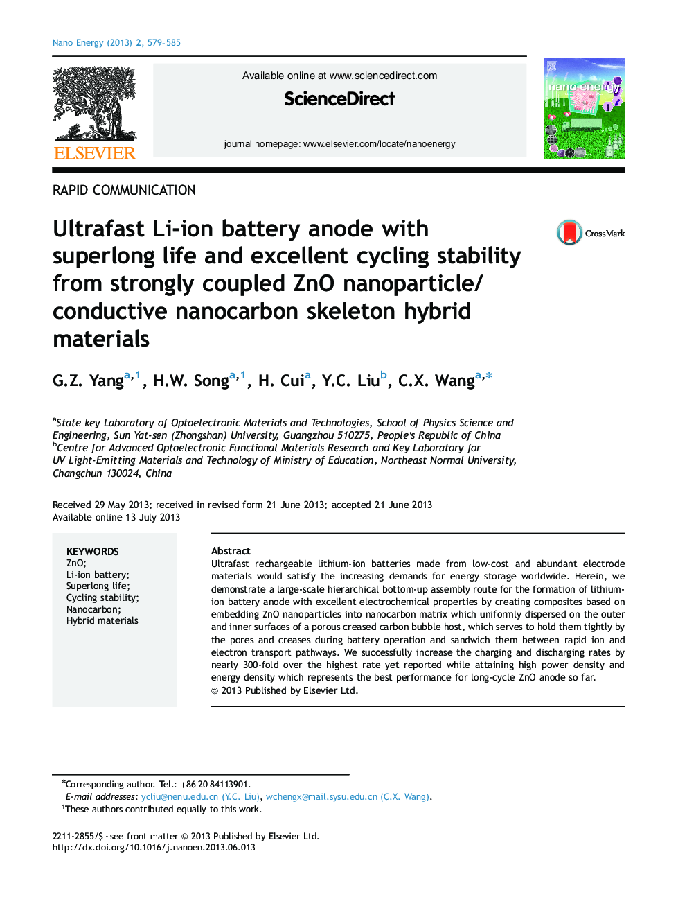 Ultrafast Li-ion battery anode with superlong life and excellent cycling stability from strongly coupled ZnO nanoparticle/conductive nanocarbon skeleton hybrid materials