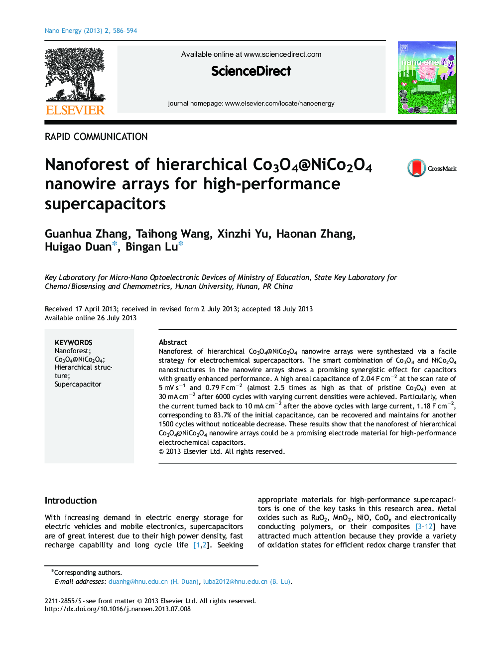 Nanoforest of hierarchical Co3O4@NiCo2O4 nanowire arrays for high-performance supercapacitors