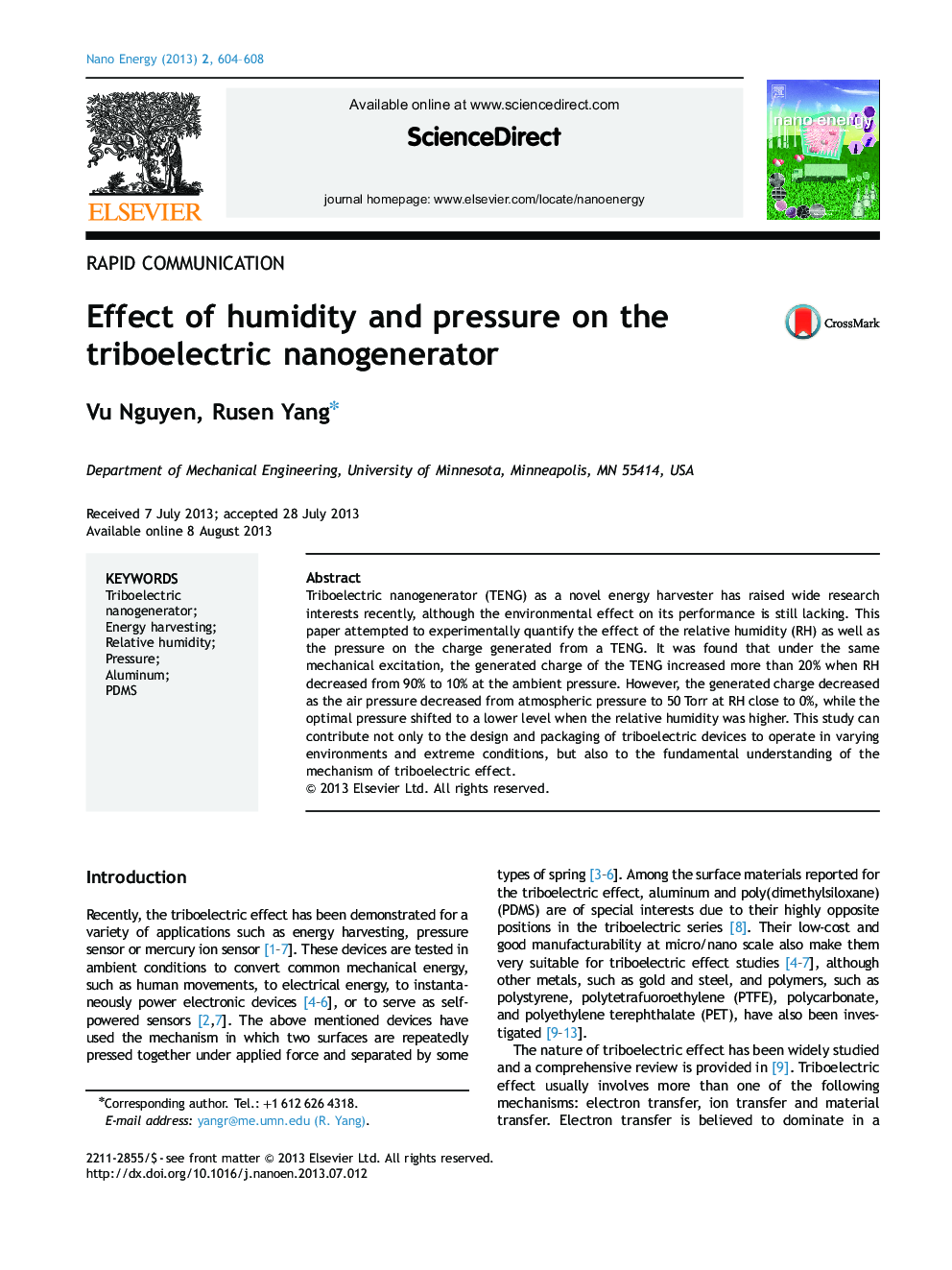 Effect of humidity and pressure on the triboelectric nanogenerator