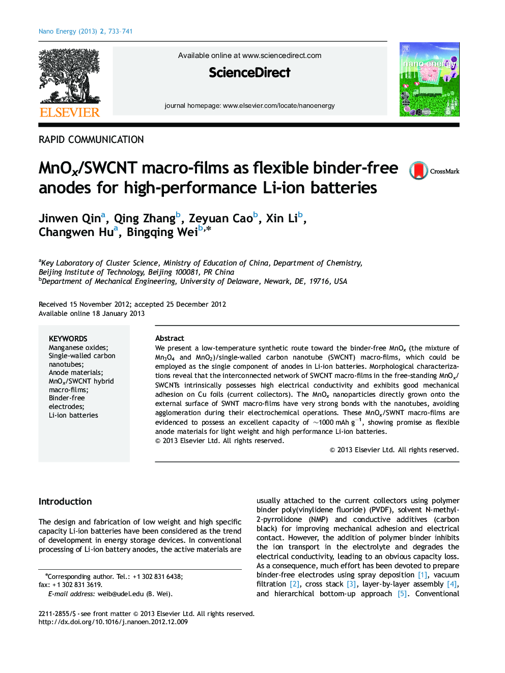 MnOx/SWCNT macro-films as flexible binder-free anodes for high-performance Li-ion batteries