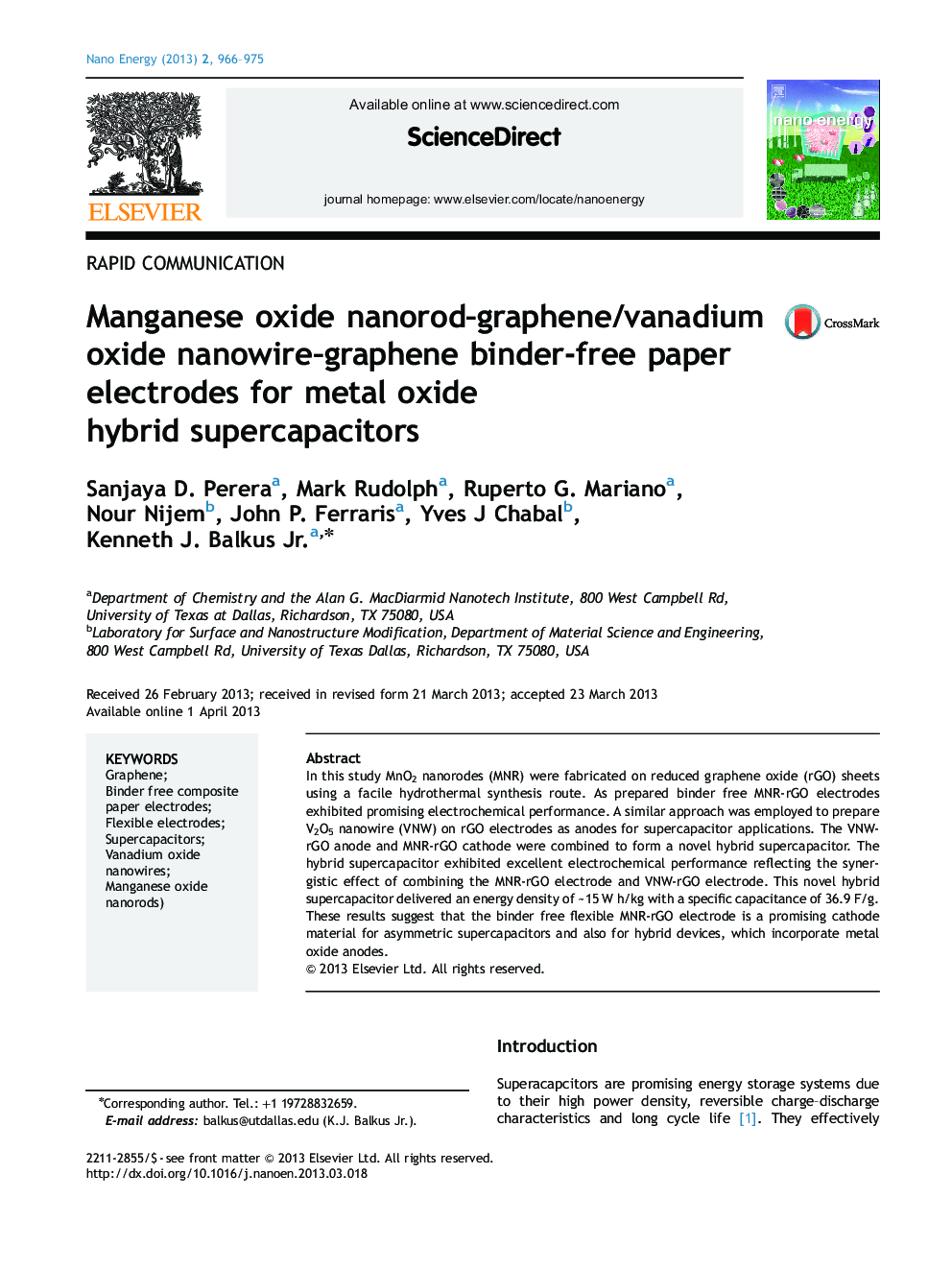 Manganese oxide nanorod-graphene/vanadium oxide nanowire-graphene binder-free paper electrodes for metal oxide hybrid supercapacitors