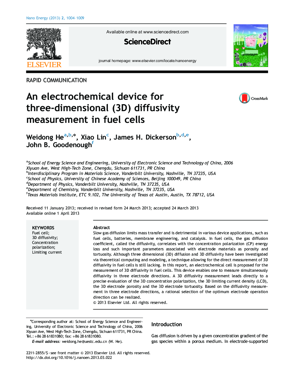 An electrochemical device for three-dimensional (3D) diffusivity measurement in fuel cells