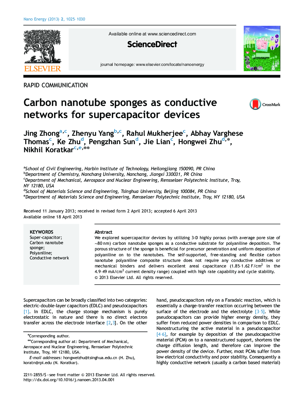 Carbon nanotube sponges as conductive networks for supercapacitor devices