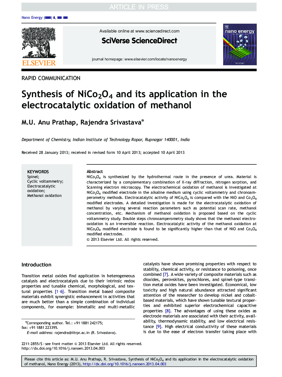 Synthesis of NiCo2O4 and its application in the electrocatalytic oxidation of methanol
