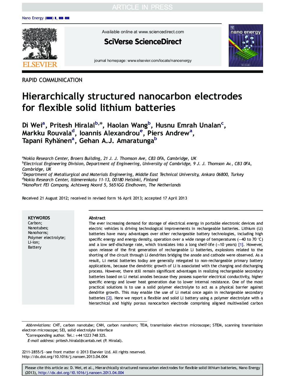 Hierarchically structured nanocarbon electrodes for flexible solid lithium batteries