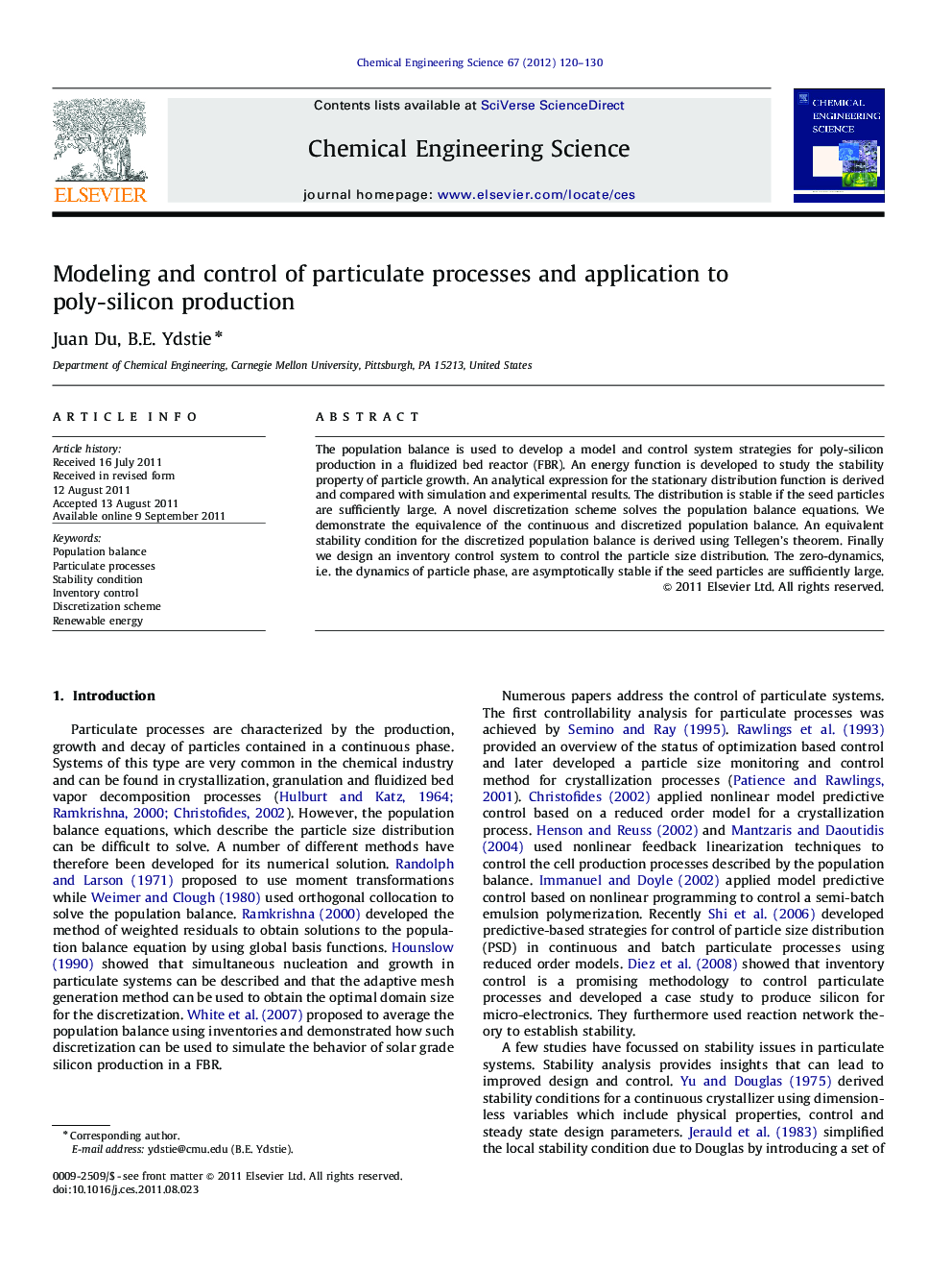 Modeling and control of particulate processes and application to poly-silicon production