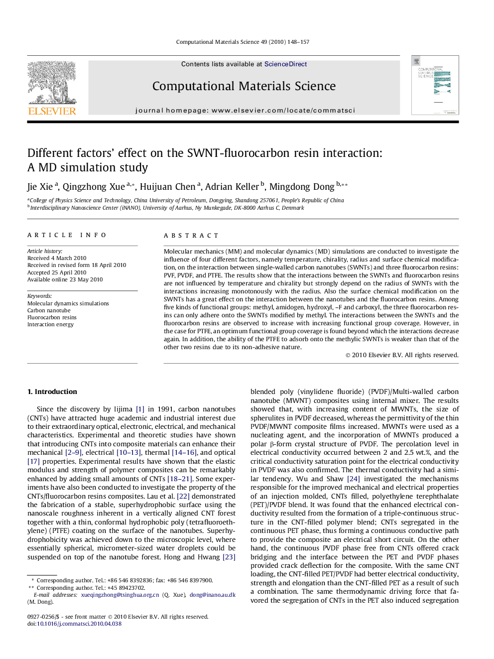 Different factors' effect on the SWNT-fluorocarbon resin interaction: A MD simulation study