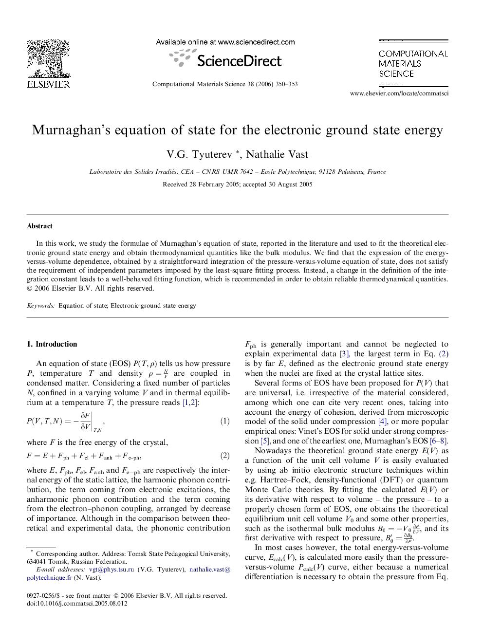 Murnaghan’s equation of state for the electronic ground state energy