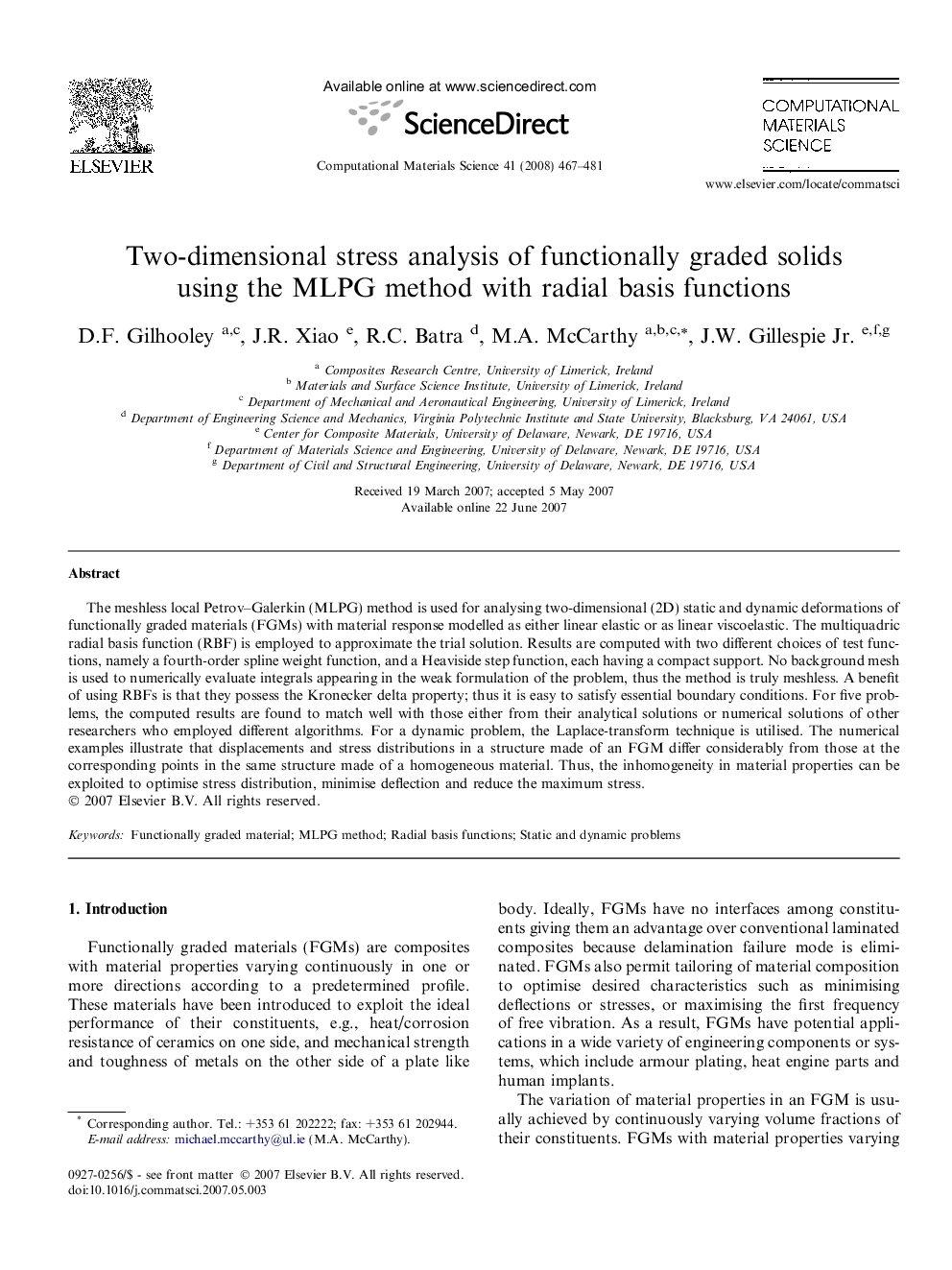 Two-dimensional stress analysis of functionally graded solids using the MLPG method with radial basis functions