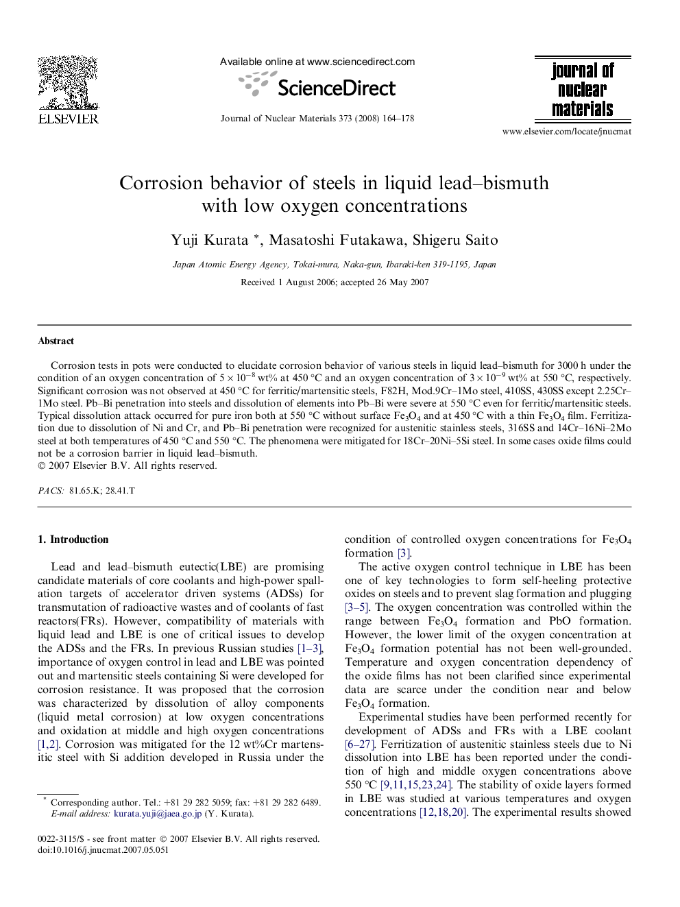 Corrosion behavior of steels in liquid lead–bismuth with low oxygen concentrations