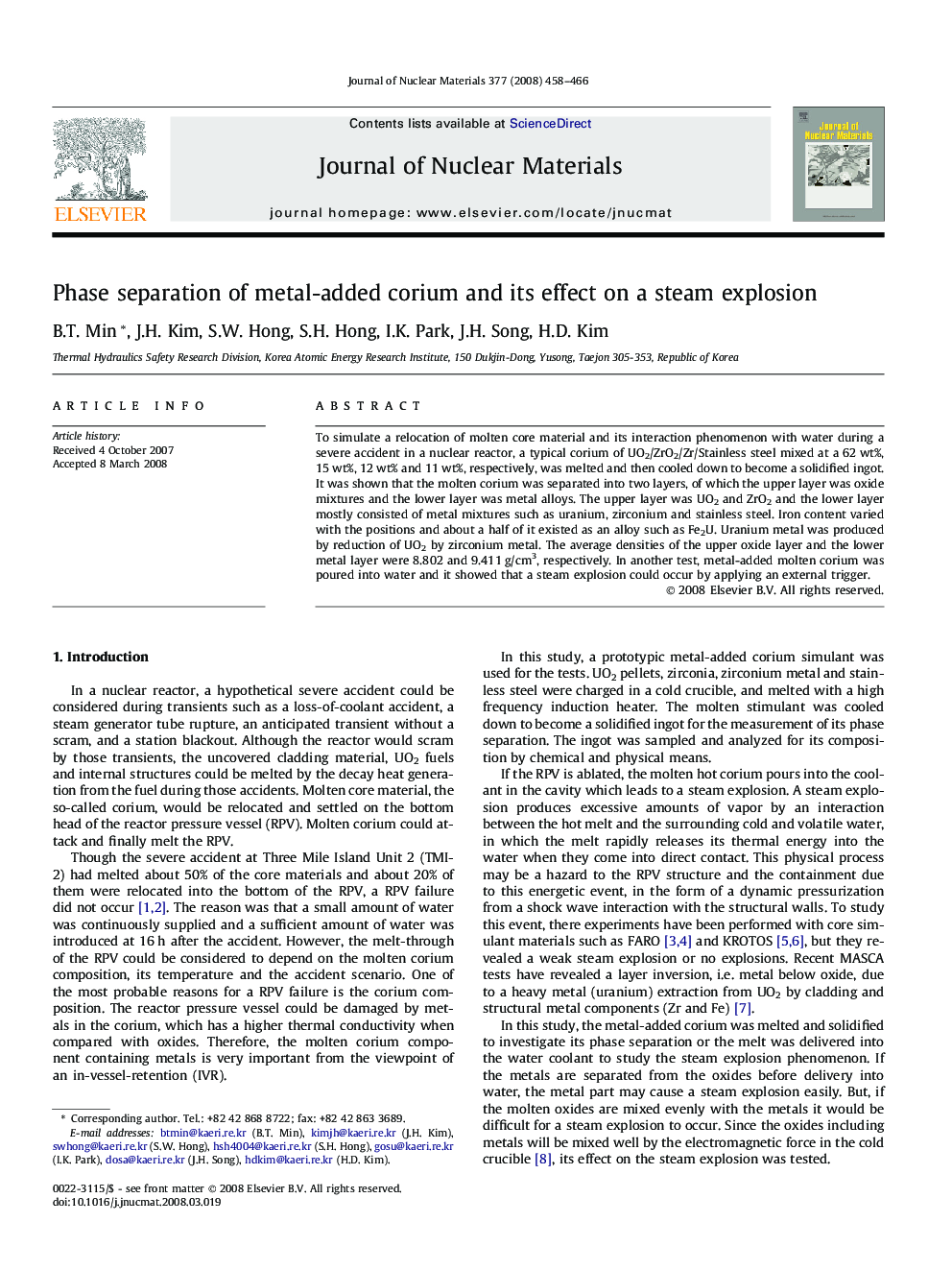 Phase separation of metal-added corium and its effect on a steam explosion