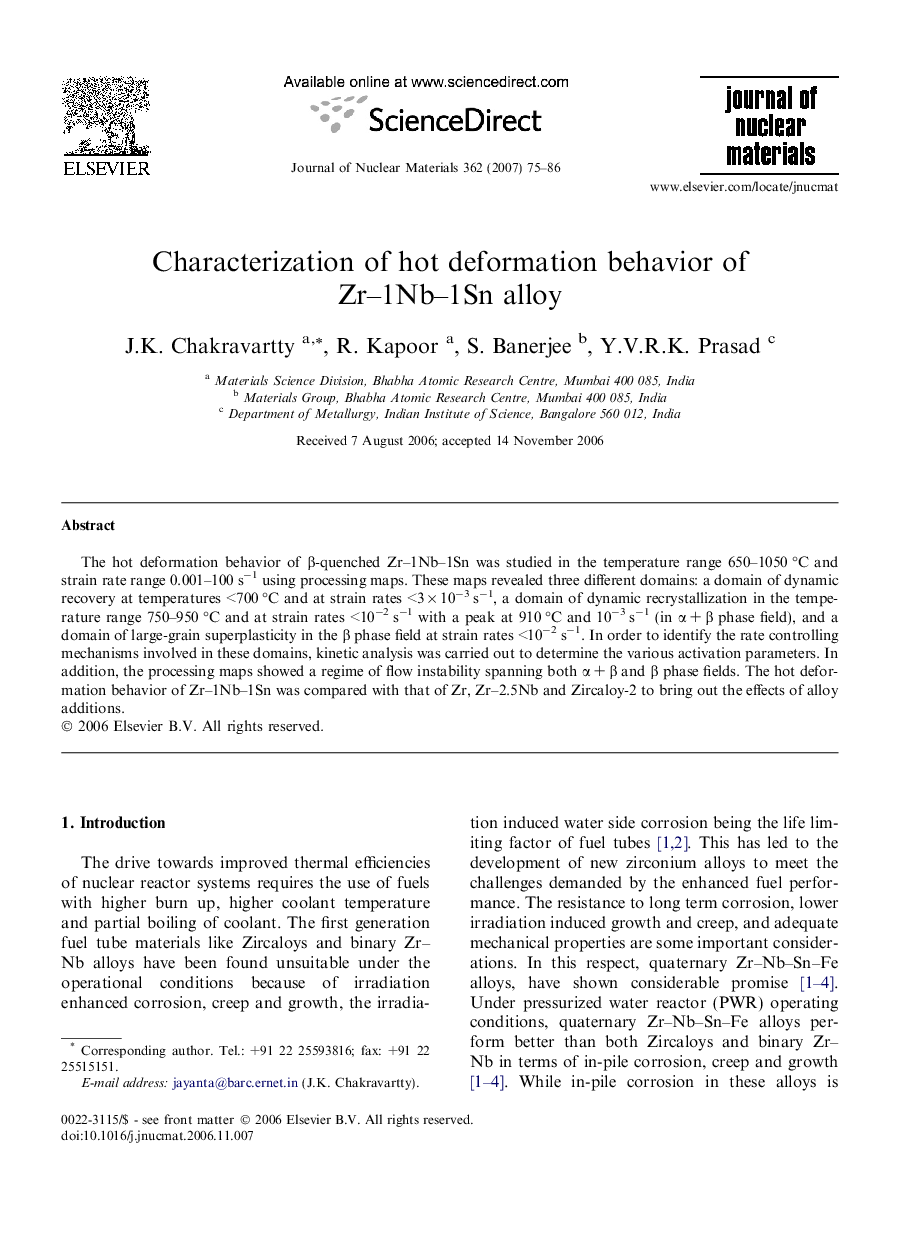 Characterization of hot deformation behavior of Zr–1Nb–1Sn alloy