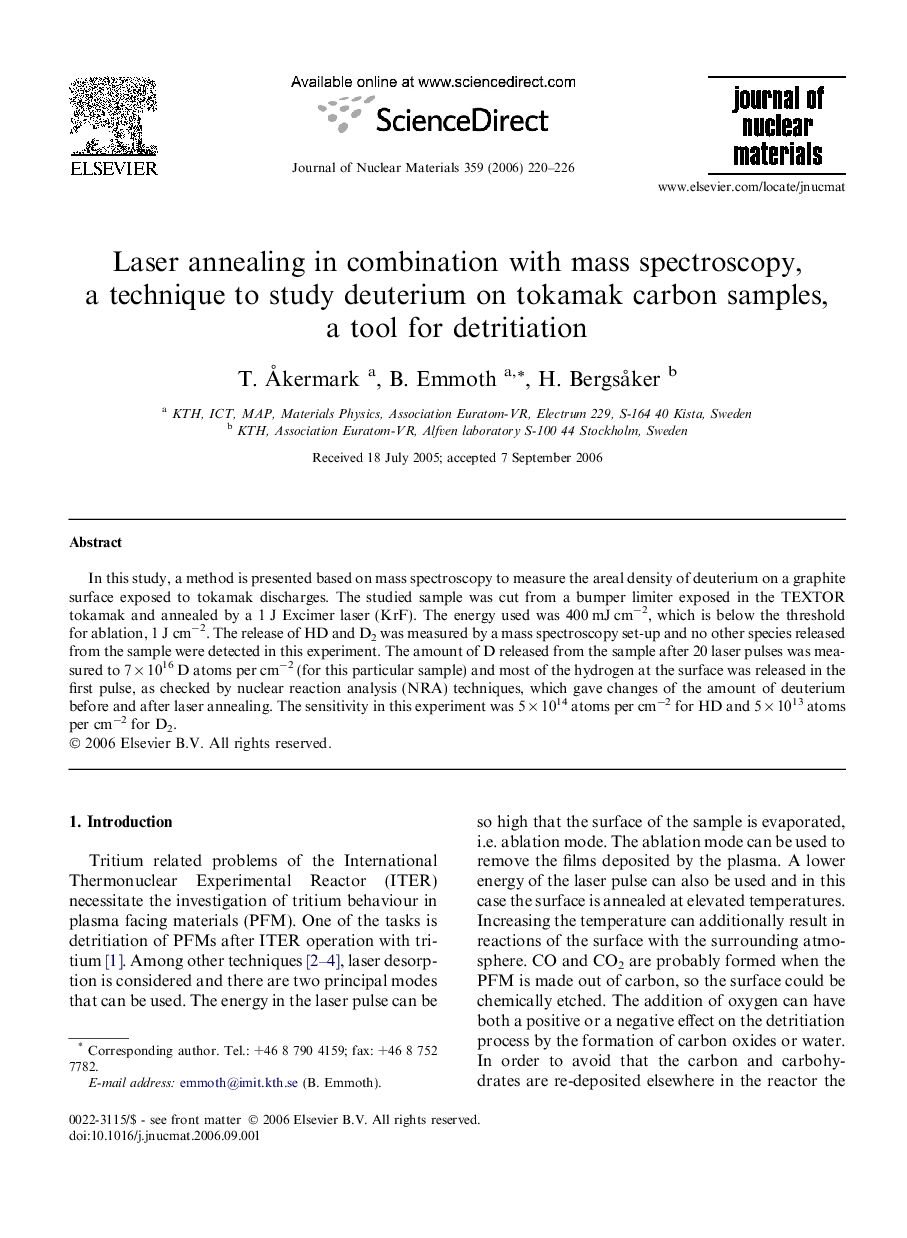 Laser annealing in combination with mass spectroscopy, a technique to study deuterium on tokamak carbon samples, a tool for detritiation