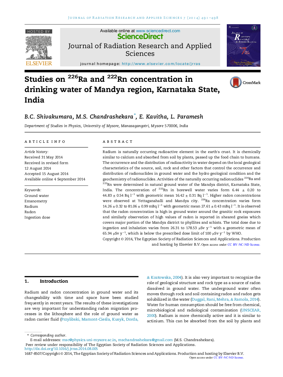 Studies on 226Ra and 222Rn concentration in drinking water of Mandya region, Karnataka State, India 