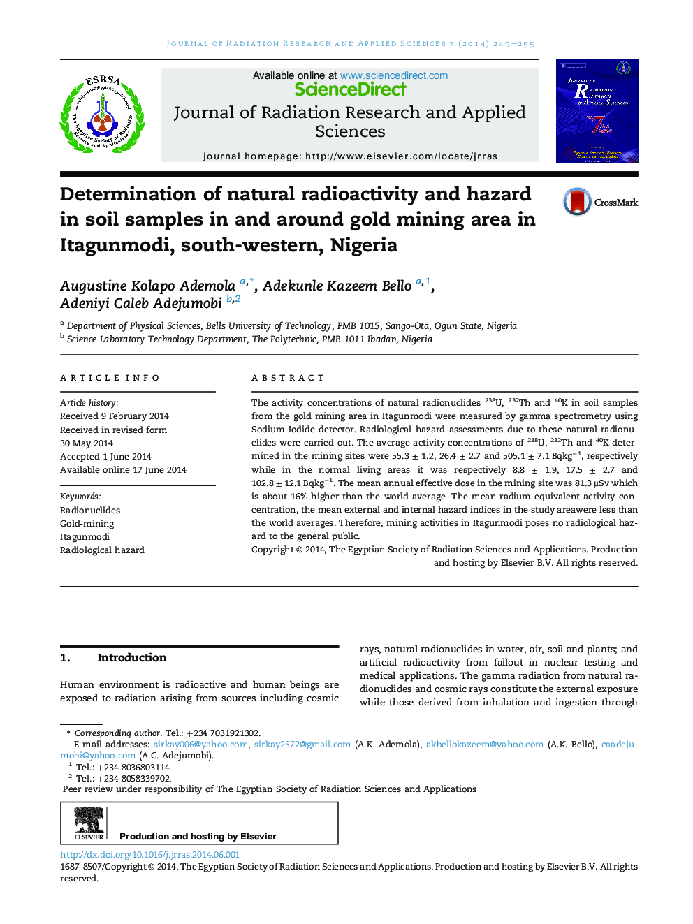 تعیین رادیواکتیویته طبیعی و خطر در نمونه های خاک در منطقه معدن طلای اطراف آن در ایتگوونمودی، جنوب غربی نیجریه 