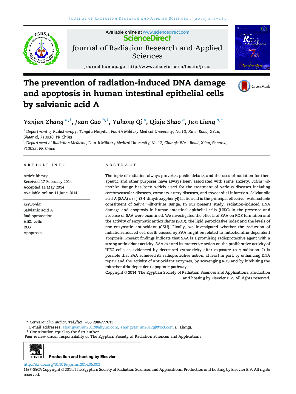 The prevention of radiation-induced DNA damage and apoptosis in human intestinal epithelial cells by salvianic acid A