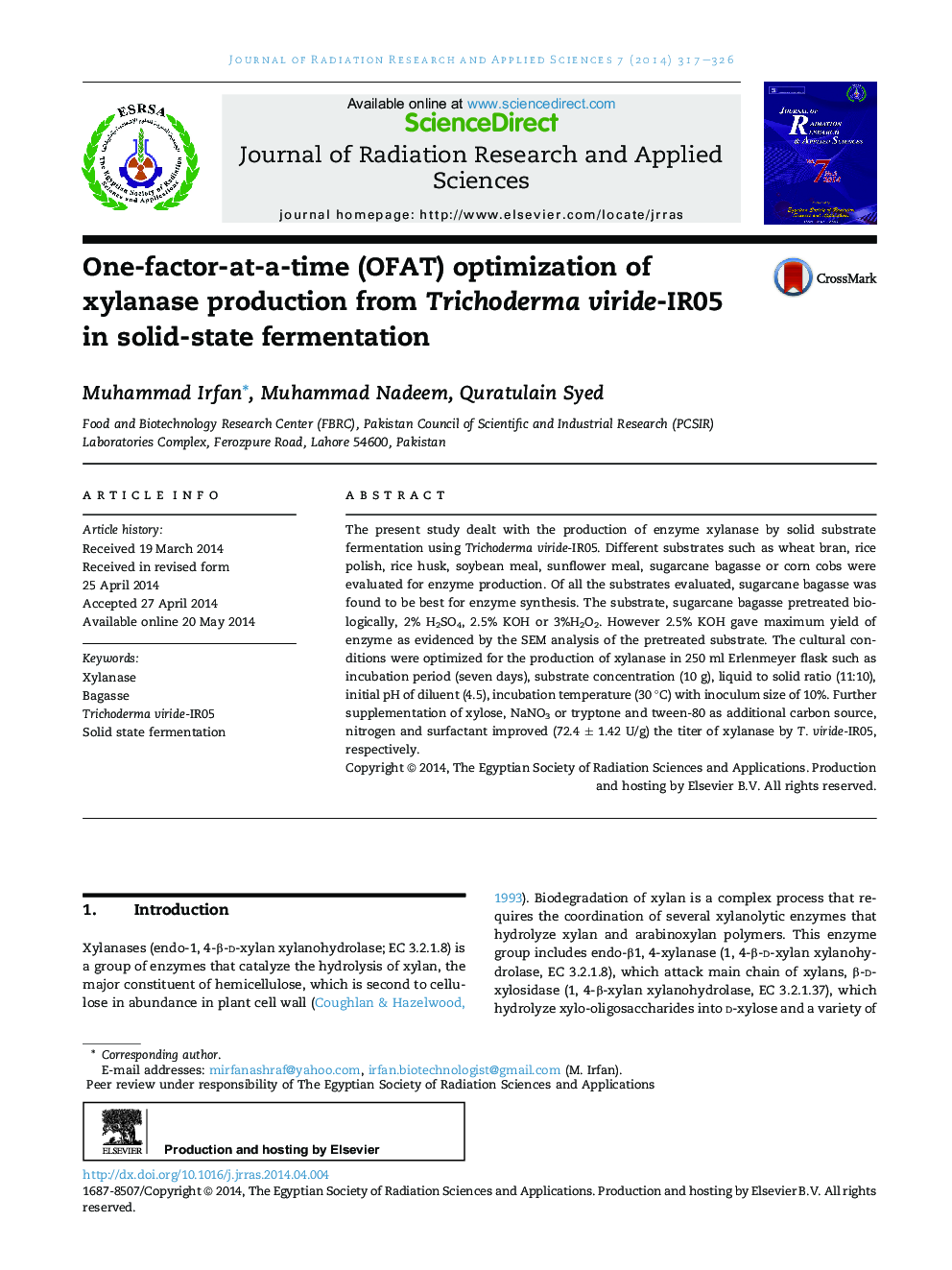 One-factor-at-a-time (OFAT) optimization of xylanase production from Trichoderma viride-IR05 in solid-state fermentation