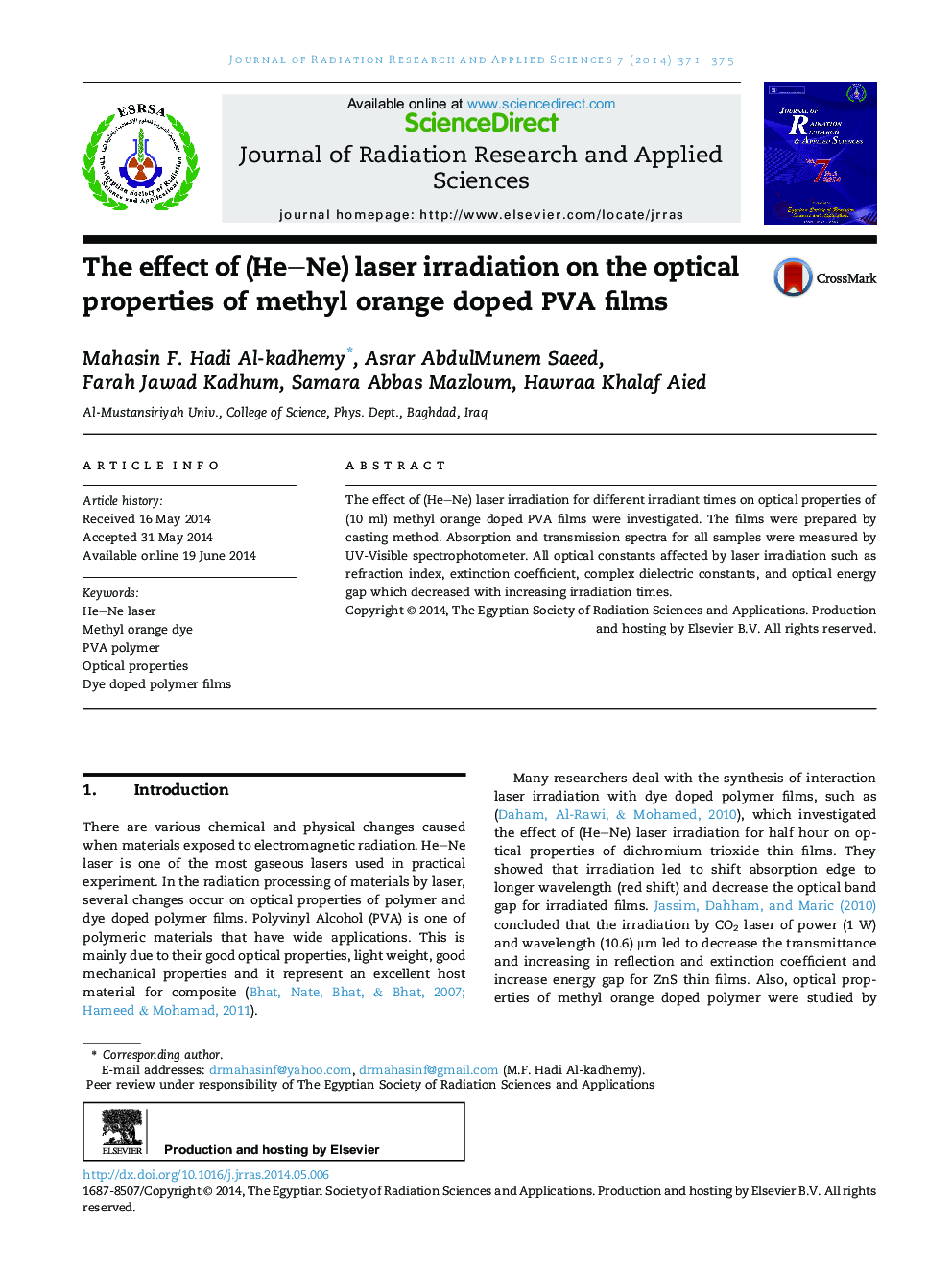 The effect of (He–Ne) laser irradiation on the optical properties of methyl orange doped PVA films 