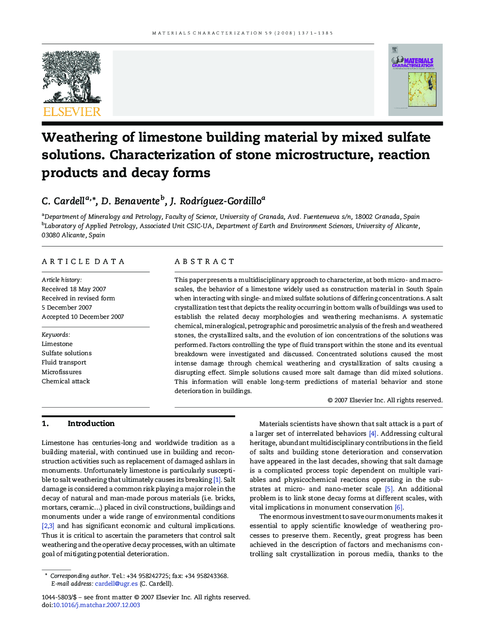 Weathering of limestone building material by mixed sulfate solutions. Characterization of stone microstructure, reaction products and decay forms
