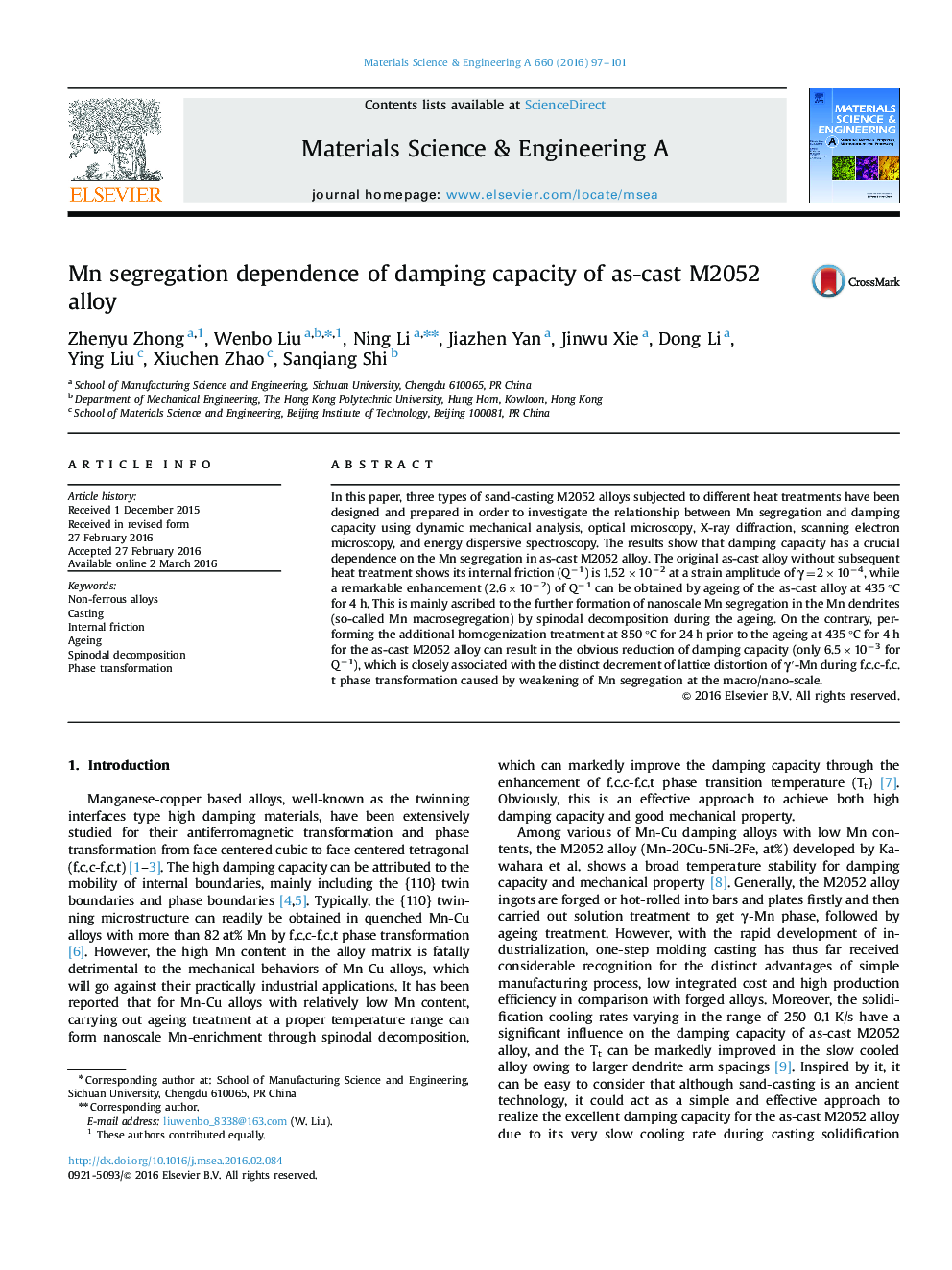 Mn segregation dependence of damping capacity of as-cast M2052 alloy