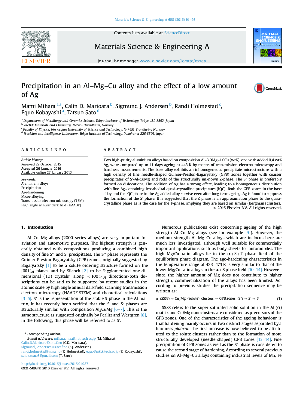 Precipitation in an Al–Mg–Cu alloy and the effect of a low amount of Ag