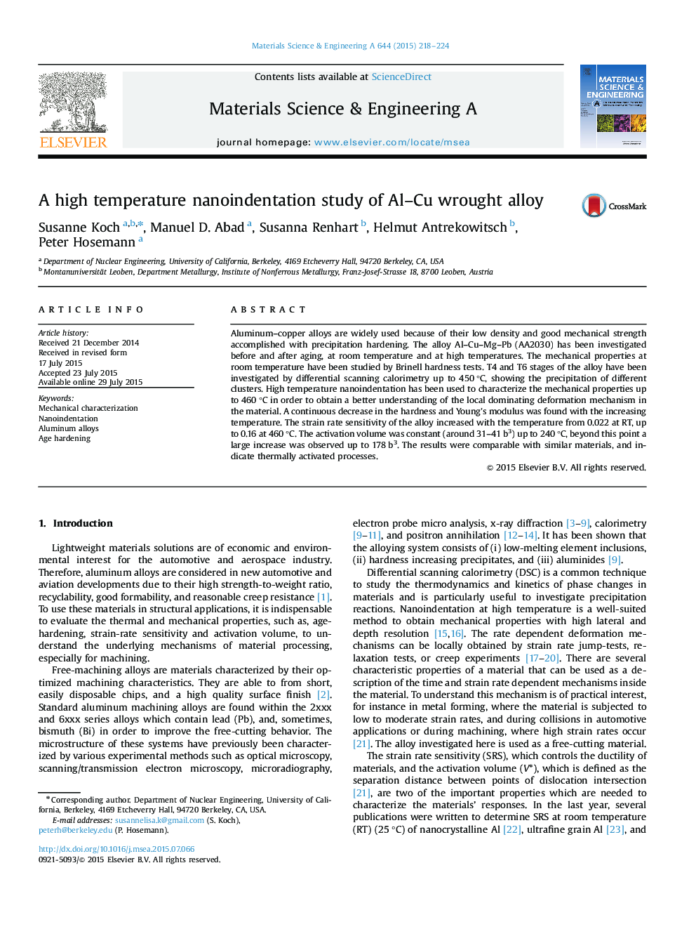 A high temperature nanoindentation study of Al-Cu wrought alloy
