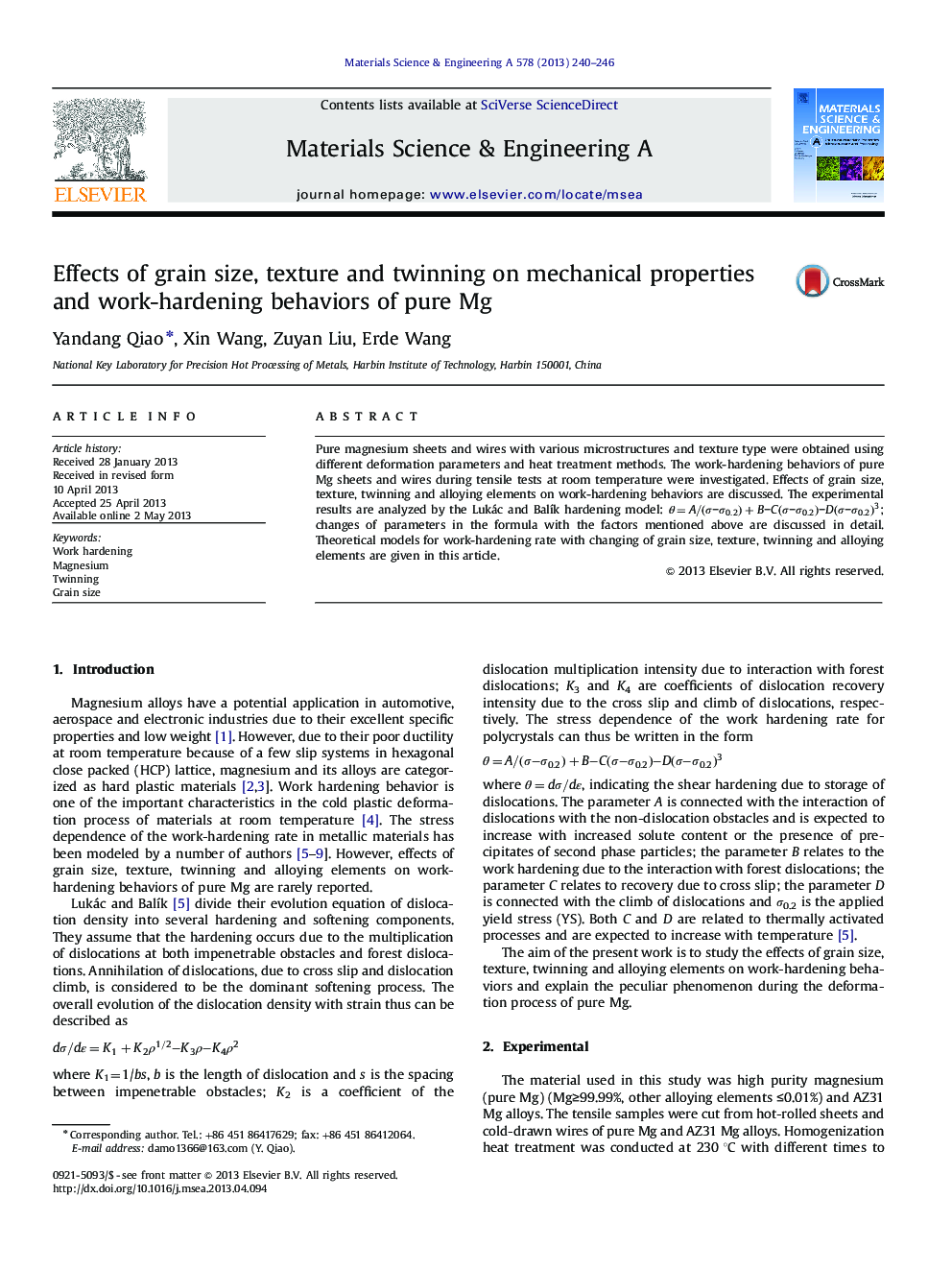 Effects of grain size, texture and twinning on mechanical properties and work-hardening behaviors of pure Mg