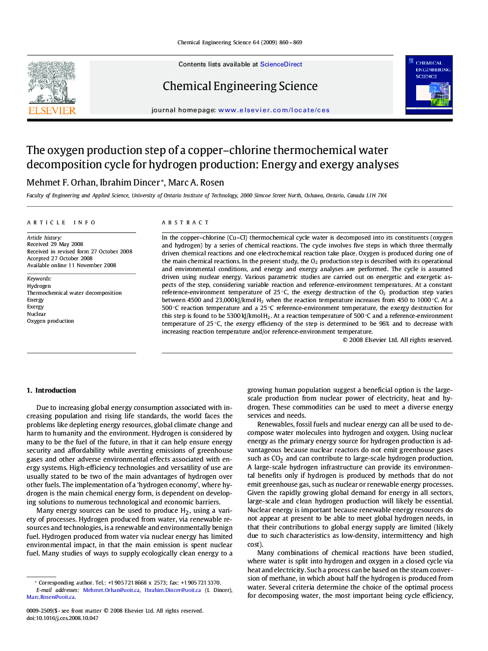 The oxygen production step of a copper–chlorine thermochemical water decomposition cycle for hydrogen production: Energy and exergy analyses