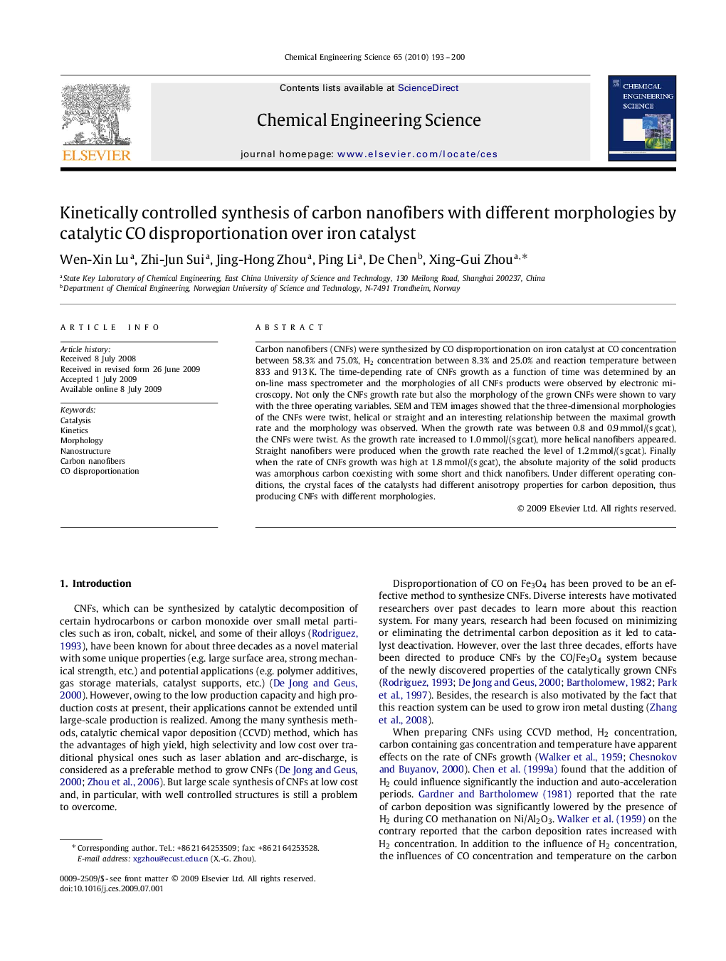 Kinetically controlled synthesis of carbon nanofibers with different morphologies by catalytic CO disproportionation over iron catalyst